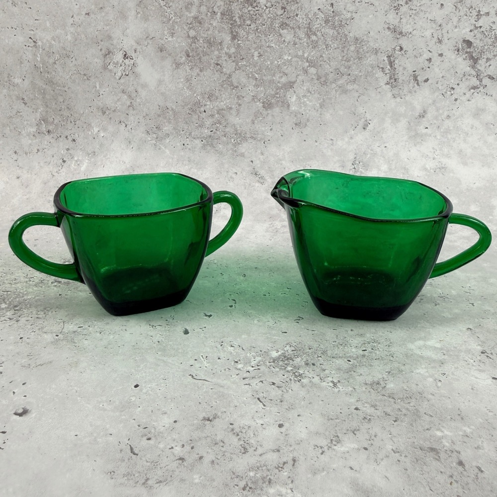 Anchor‎ Hocking Charm Forest Green Creamer and Sugar Bowl Set MCM